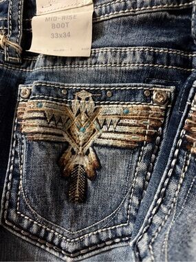 Miss Me Mid-Rise Boot Jeans 33 x 34 New Eagle Turquoise Embellished Embroidered